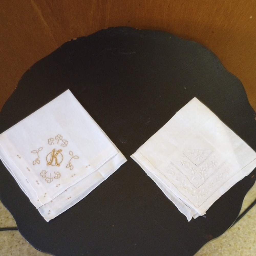Two Creamy White Handkerchiefs:  NEW Monogrammed & Fancy Floral Embroidered